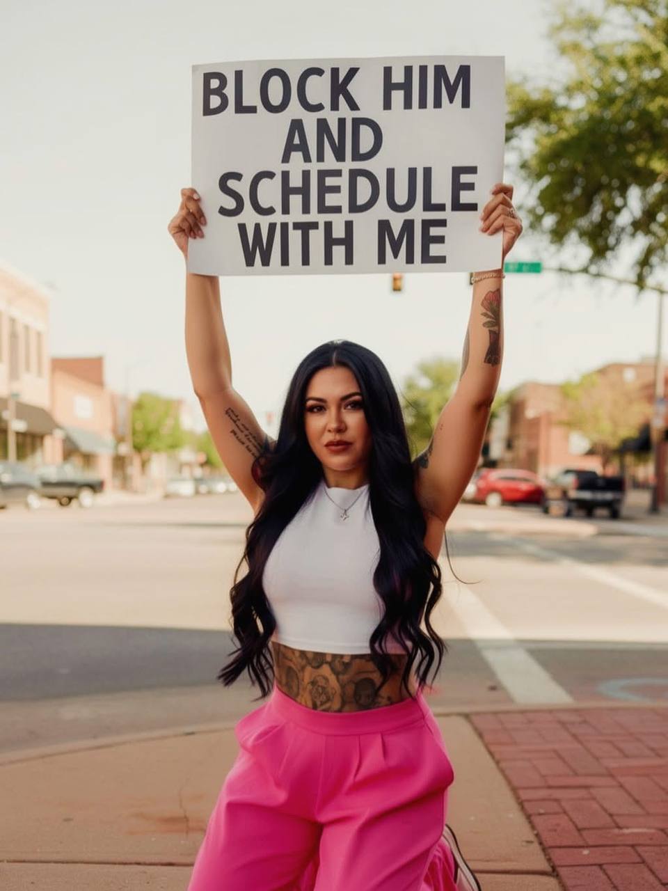 Christian holding sign: Block Him and Schedule With Me